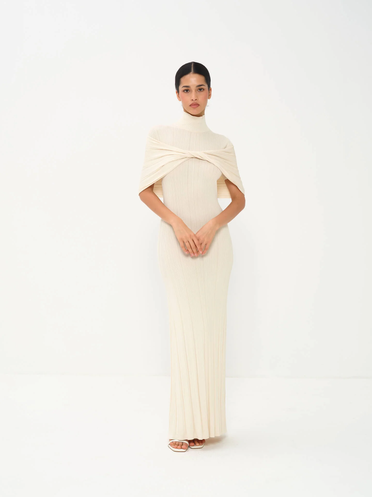 Melange Draped Turtle Neck Maxi Dress in Viscose Knit - Image 11