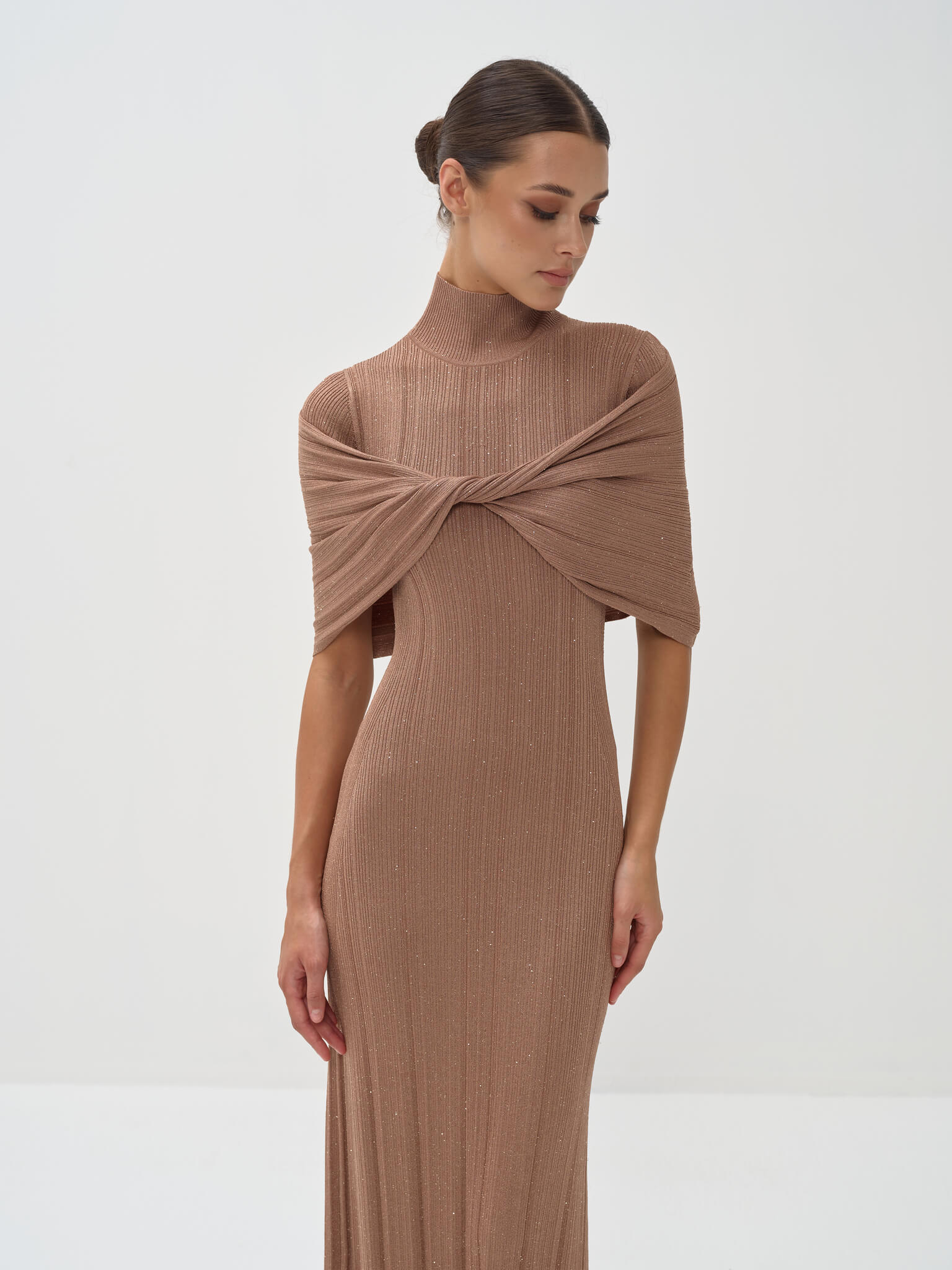 Melange Draped Turtle Neck Maxi Dress in Viscose Knit - Image 4