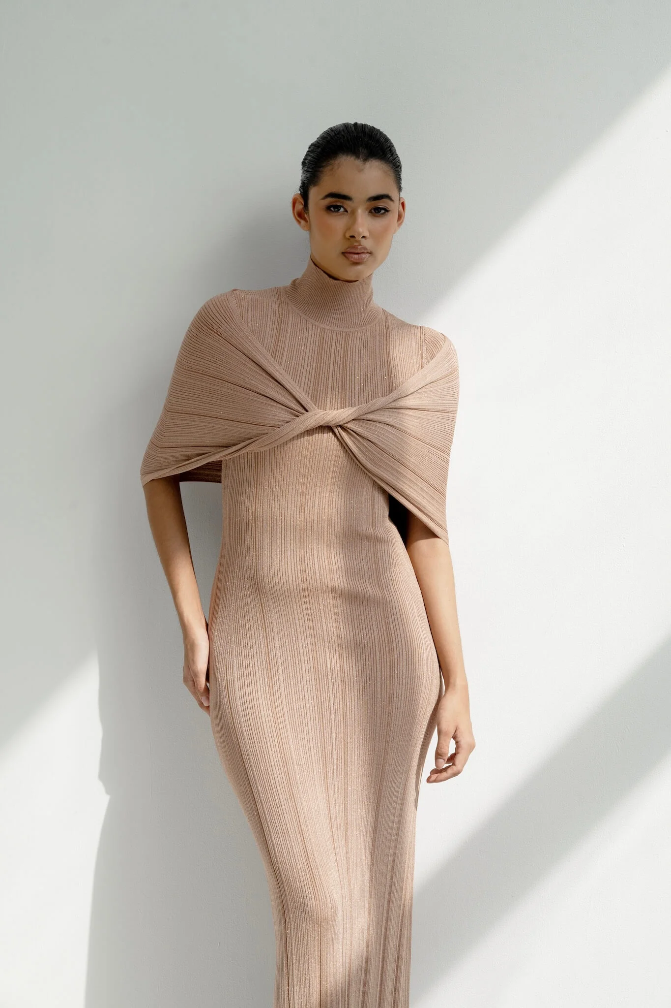 Melange Draped Turtle Neck Maxi Dress in Viscose Knit - Image 5