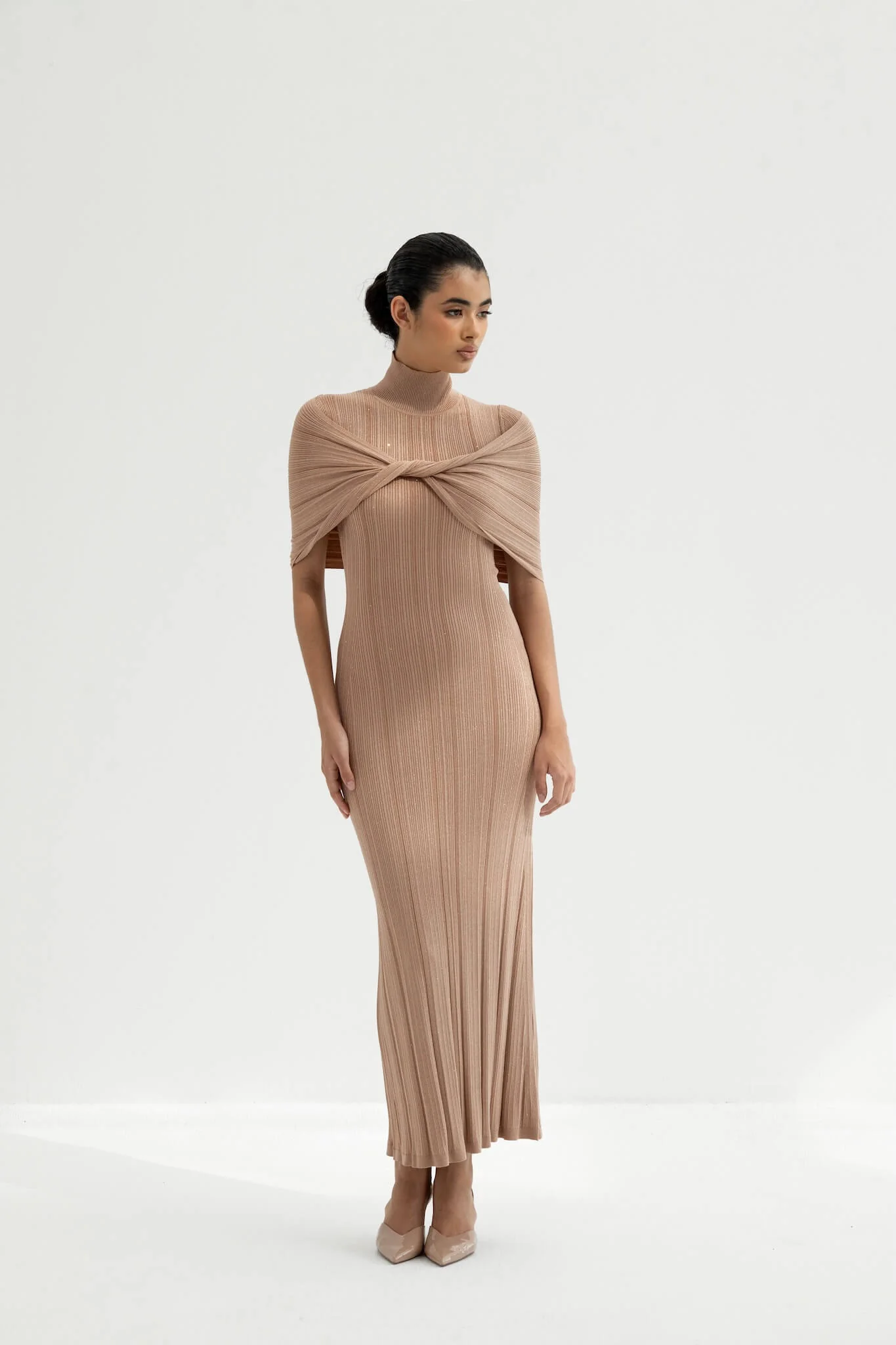 Melange Draped Turtle Neck Maxi Dress in Viscose Knit - Image 6