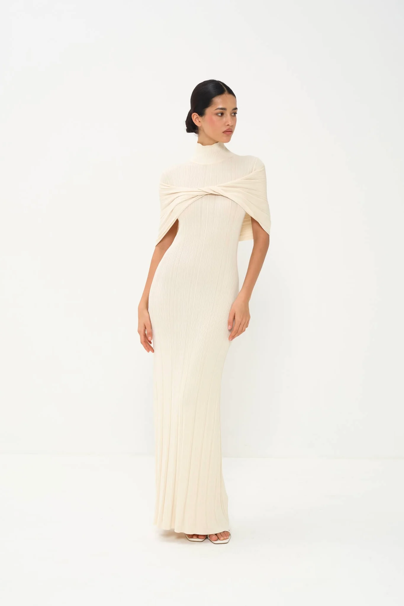 Melange Draped Turtle Neck Maxi Dress in Viscose Knit - Image 9